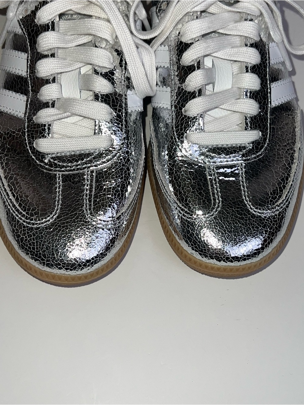 NWOT ADIDAS Samba Sneakers Featuring Silver Cracked Metallic Leather Upper - Picture 6 of 13
